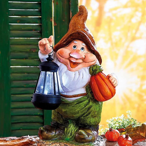 Autumn Garden Gnome with Solar Lantern - Made from Weatherproof Polyresin - Solar Powered Light
