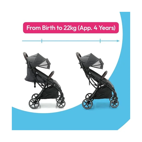 Aya Easy Fold Compact Stroller – Newborn to 4 Years, Lightweight Travel Pram with 5-Point Harness, One-Hand Fold, Cupholder & Raincover – Portable, Durable & Comfortable Baby Buggy (Stone Grey)