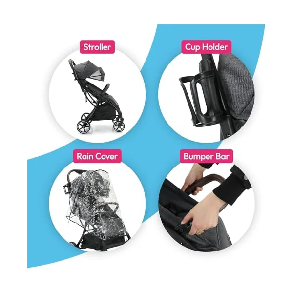 Aya Easy Fold Compact Stroller – Newborn to 4 Years, Lightweight Travel Pram with 5-Point Harness, One-Hand Fold, Cupholder & Raincover – Portable, Durable & Comfortable Baby Buggy (Stone Grey)