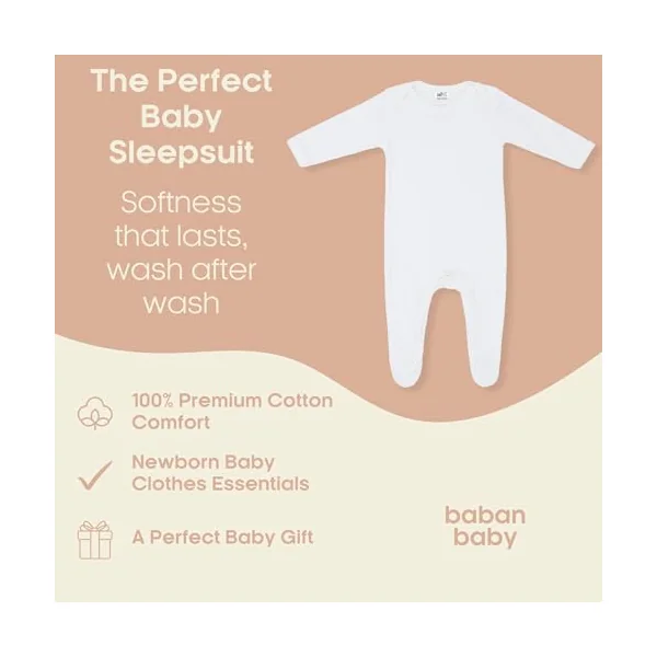Baban Baby White Sleepsuit - Plain Soft Cotton Babygrow for Baby Boys and Girls