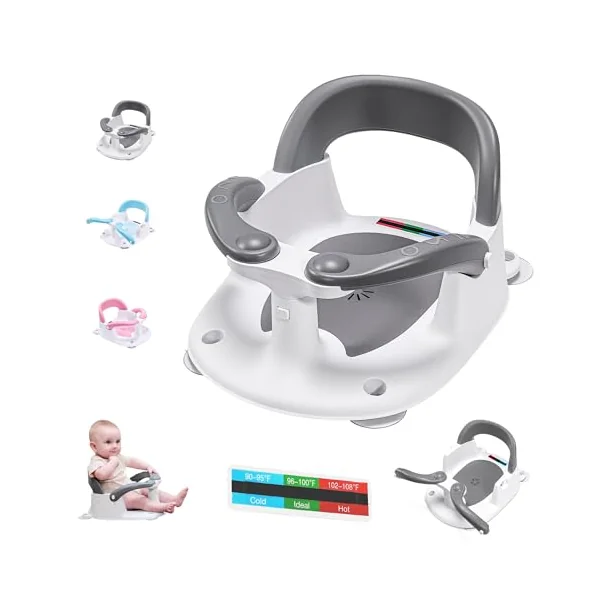 babove Baby Bath seat for Babies 6 Months & up with Thermometer Sticker, one-Touch Button for Easy armrest Opening, Baby sit up Bath Chair (Gray)