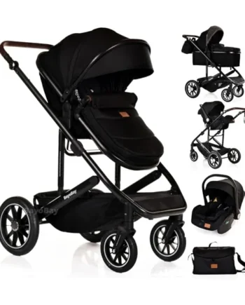 Baby 3 in 1 Travel System Pram with Car Seat Stroller 3 in 1 Buggy Pushchair Child Lightweight Folding Stroller Pram for Newborns Toddlers from Birth (Black Black Frame)