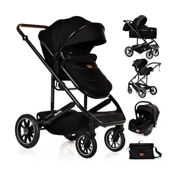 Baby 3 in 1 Travel System Pram with Car Seat Stroller 3 in 1 Buggy Pushchair Child Lightweight Folding Stroller Pram for Newborns Toddlers from Birth (Black Black Frame)