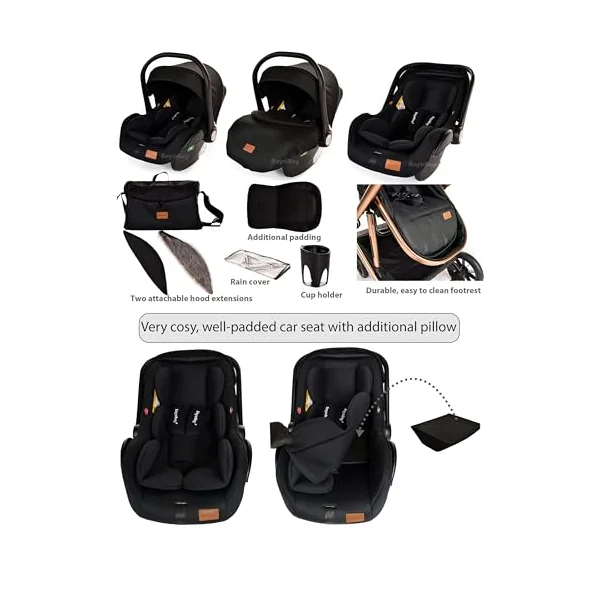 Baby 3 in 1 Travel System Pram with Car Seat Stroller 3 in 1 Buggy Pushchair Child Lightweight Folding Stroller Pram for Newborns Toddlers from Birth (Black Black Frame)