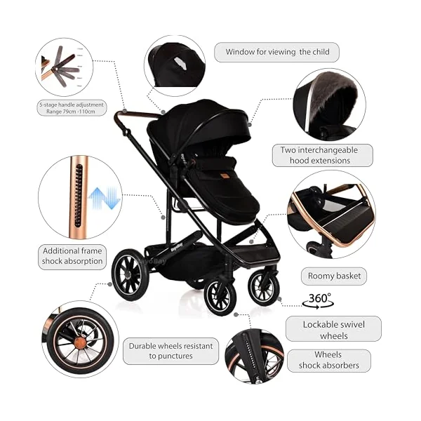 Baby 3 in 1 Travel System Pram with Car Seat Stroller 3 in 1 Buggy Pushchair Child Lightweight Folding Stroller Pram for Newborns Toddlers from Birth (Black Black Frame)
