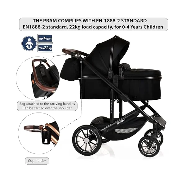 Baby 3 in 1 Travel System Pram with Car Seat Stroller 3 in 1 Buggy Pushchair Child Lightweight Folding Stroller Pram for Newborns Toddlers from Birth (Black Black Frame)