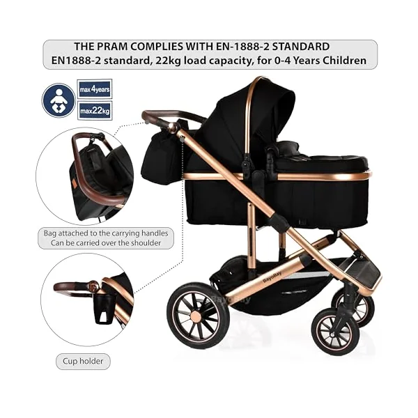 Baby 3 in 1 Travel System Pram with Car Seat Stroller 3 in 1 Buggy Pushchair Child Lightweight Folding Stroller Pram for Newborns Toddlers from Birth (Black Gold Frame)