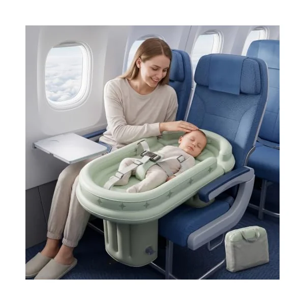 Baby Airplane Bed Airplane Bed For Toddler, Height Adjustable Inflatable Toddler Travel with Hand Pump, Safety Guardrails and Belt for Plane, Train, Car