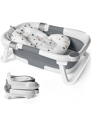 Baby Bath Foldable Tub Collapsible Bathtub Baby Bath Essentials for Newborn with Seat Support Cushion Stand Folding Baths for Toddler 0-12 Months Travel Portable Infant Tubs Soft Bathing Kids Grey