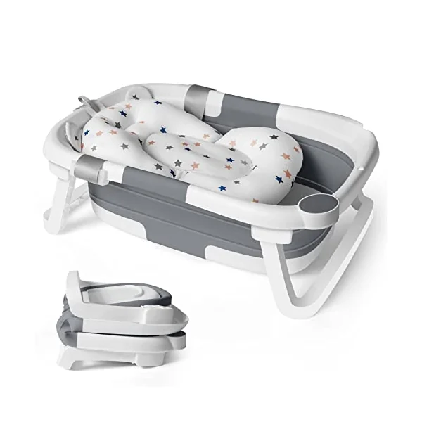 Baby Bath Foldable Tub Collapsible Bathtub Baby Bath Essentials for Newborn with Seat Support Cushion Stand Folding Baths for Toddler 0-12 Months Travel Portable Infant Tubs Soft Bathing Kids Grey