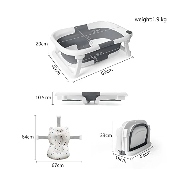 Baby Bath Foldable Tub Collapsible Bathtub Baby Bath Essentials for Newborn with Seat Support Cushion Stand Folding Baths for Toddler 0-12 Months Travel Portable Infant Tubs Soft Bathing Kids Grey