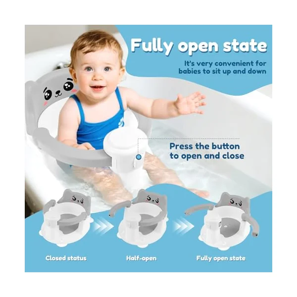 Baby Bath Seat for 6 Months Up Sit Up Toddler Bath Seat Non-Slip Baby Bathtub Chair with 4 Suction Cup Backrest Support for 6 to 24 Months(Gray Smile)