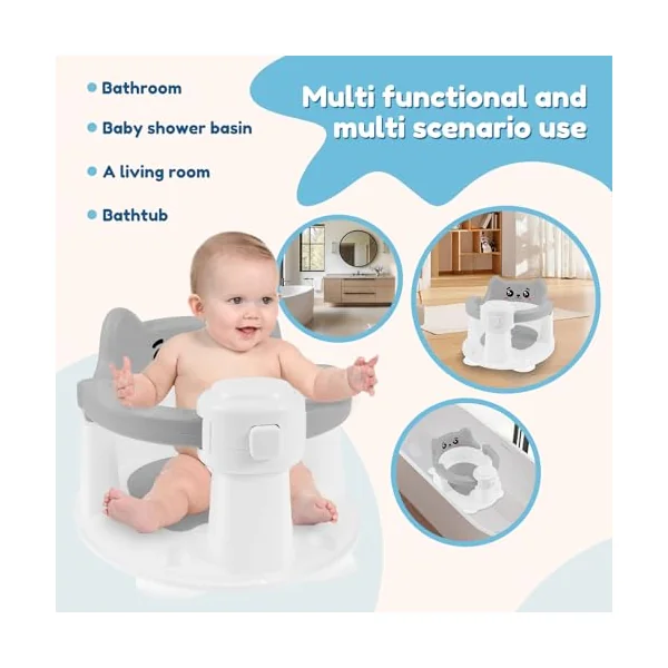 Baby Bath Seat for 6 Months Up Sit Up Toddler Bath Seat Non-Slip Baby Bathtub Chair with 4 Suction Cup Backrest Support for 6 to 24 Months(Gray Smile)