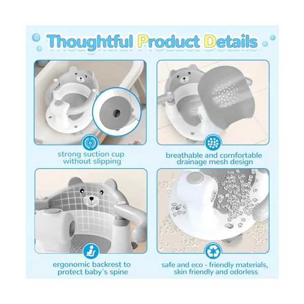 Baby Bath Seat for Babies 6 Months Plus, Toddler Bath Seats for Infant & Newborn, Baby Sit Up Chair with 4 Non-Slip Suction Cups