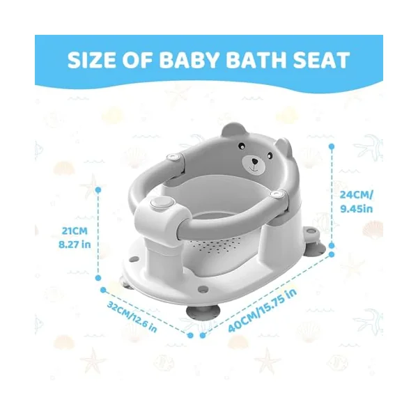 Baby Bath Seat for Babies 6 Months Plus.Cute Bear Non-Slip Baby Bath Chair for Babies Sitting Up,Safe Infant & Newborn Bathtub Chair with 4 Suction Cups (Grey White)