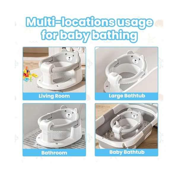 Baby Bath Seat for Babies 6 Months Plus.Cute Bear Non-Slip Baby Bath Chair for Babies Sitting Up,Safe Infant & Newborn Bathtub Chair with 4 Suction Cups (Grey White)