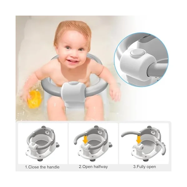 Baby Bath Seat for Babies 6 Months Plus.Cute Bear Non-Slip Baby Bath Chair for Babies Sitting Up,Safe Infant & Newborn Bathtub Chair with 4 Suction Cups (Grey White)
