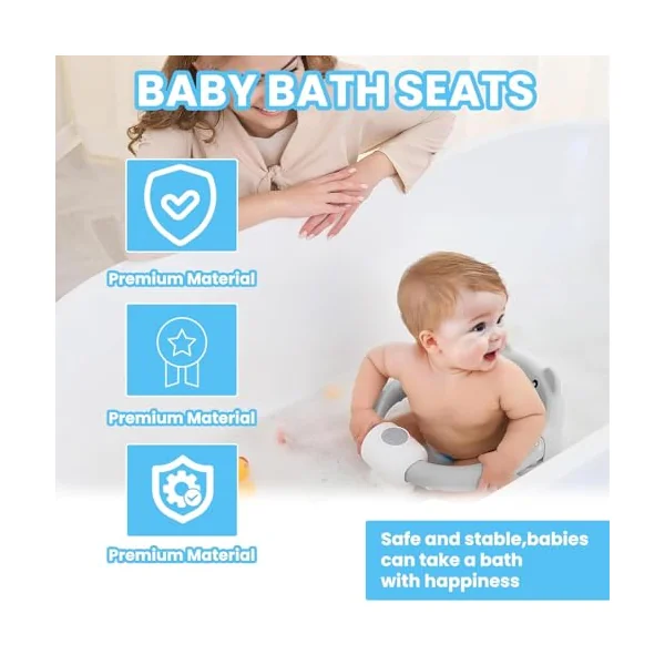 Baby Bath Seat for Babies 6 Months Plus.Cute Bear Non-Slip Baby Bath Chair for Babies Sitting Up,Safe Infant & Newborn Bathtub Chair with 4 Suction Cups (Grey White)