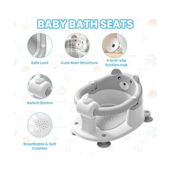 Baby Bath Seat for Babies 6 Months Plus.Cute Bear Non-Slip Baby Bath Chair for Babies Sitting Up,Safe Infant & Newborn Bathtub Chair with 4 Suction Cups (Grey White)