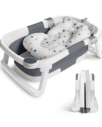 Baby Bath Tub Foldable Bathtub, Collapsible Toddler Bath Tubs with Baths Support Cushion Pad Seat Mat, Anti-Slip Portable Travel Shower Bathing Basin Folding Bathtubs for Newborn Toddler Infant (Grey)