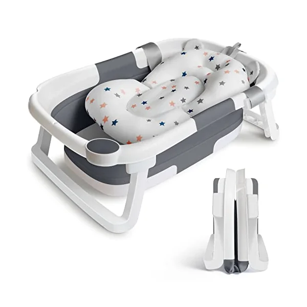 Baby Bath Tub Foldable Bathtub, Collapsible Toddler Bath Tubs with Baths Support Cushion Pad Seat Mat, Anti-Slip Portable Travel Shower Bathing Basin Folding Bathtubs for Newborn Toddler Infant (Grey)