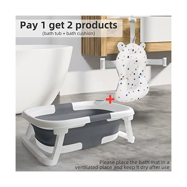 Baby Bath Tub Foldable Bathtub, Collapsible Toddler Bath Tubs with Baths Support Cushion Pad Seat Mat, Anti-Slip Portable Travel Shower Bathing Basin Folding Bathtubs for Newborn Toddler Infant (Grey)