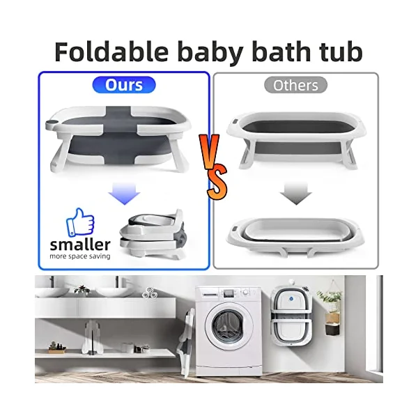 Baby Bath Tub Foldable Bathtub, Collapsible Toddler Bath Tubs with Baths Support Cushion Pad Seat Mat, Anti-Slip Portable Travel Shower Bathing Basin Folding Bathtubs for Newborn Toddler Infant (Grey)