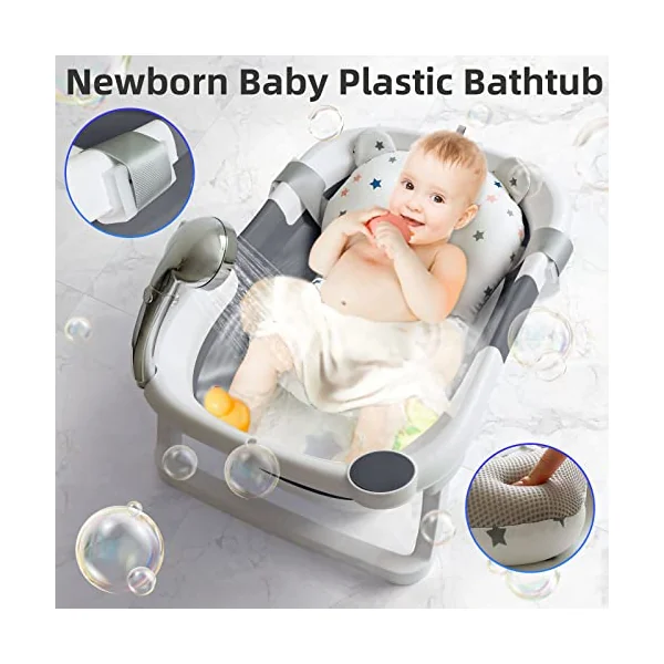 Baby Bath Tub Foldable Bathtub, Collapsible Toddler Bath Tubs with Baths Support Cushion Pad Seat Mat, Anti-Slip Portable Travel Shower Bathing Basin Folding Bathtubs for Newborn Toddler Infant (Grey)