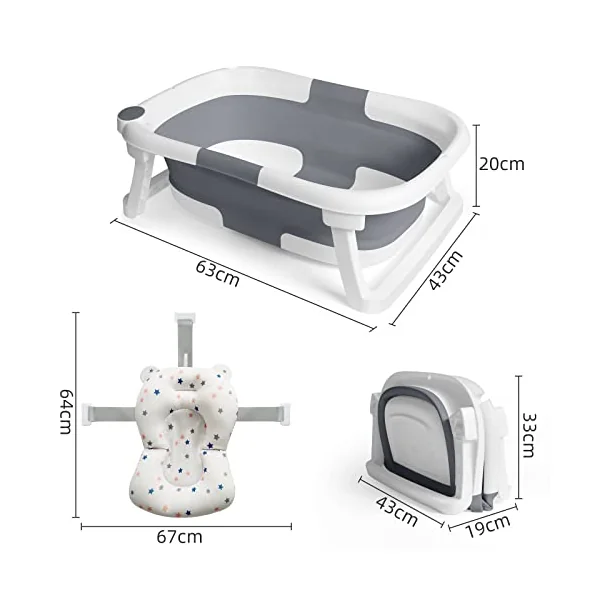 Baby Bath Tub Foldable Bathtub, Collapsible Toddler Bath Tubs with Baths Support Cushion Pad Seat Mat, Anti-Slip Portable Travel Shower Bathing Basin Folding Bathtubs for Newborn Toddler Infant (Grey)