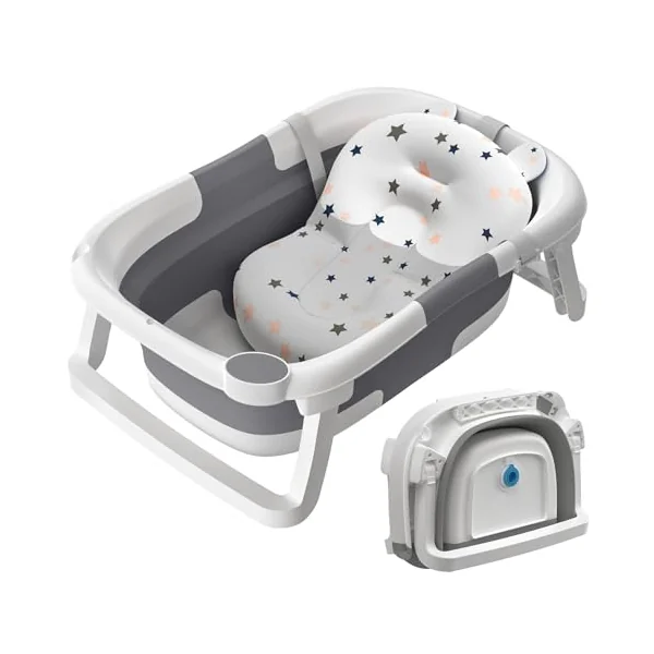 Baby Bath Tub Foldable,Collapsible Newborn Bathtub Essentials with Bath Support and Non Slip Bath Seat Cushion Stand Pad,Folding Infant Baths Tub Toddler 0-24 Months, Portable Travel Save Space(Grey)