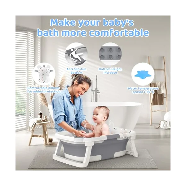 Baby Bath Tub Foldable,Collapsible Newborn Bathtub Essentials with Bath Support and Non Slip Bath Seat Cushion Stand Pad,Folding Infant Baths Tub Toddler 0-24 Months, Portable Travel Save Space(Grey)