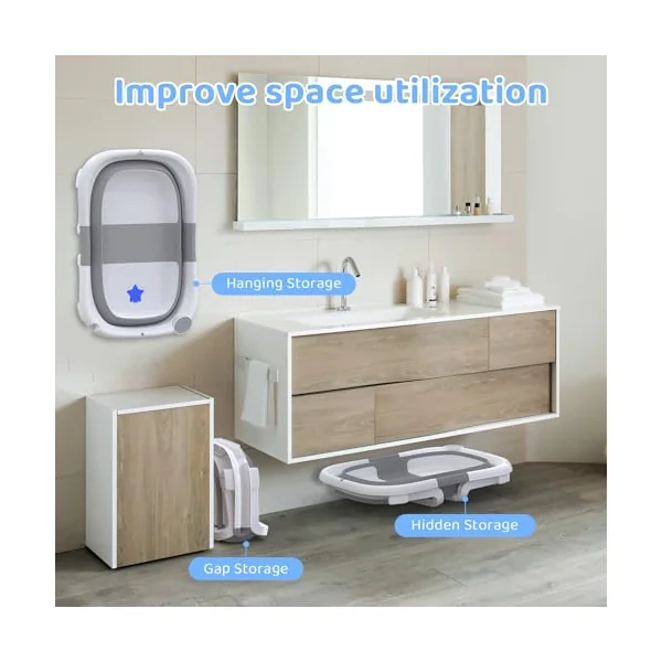 Baby Bath Tub Foldable,Collapsible Newborn Bathtub Essentials with Bath Support and Non Slip Bath Seat Cushion Stand Pad,Folding Infant Baths Tub Toddler 0-24 Months, Portable Travel Save Space(Grey)