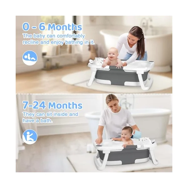 Baby Bath Tub Foldable,Collapsible Newborn Bathtub Essentials with Bath Support and Non Slip Bath Seat Cushion Stand Pad,Folding Infant Baths Tub Toddler 0-24 Months, Portable Travel Save Space(Grey)
