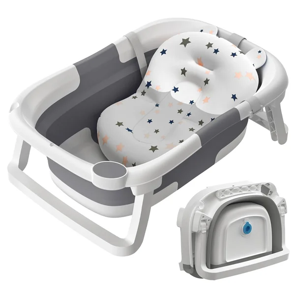 Baby Bath Tub Foldable,Collapsible Newborn Bathtub Essentials with Bath Support and Non Slip Bath Seat Cushion Stand Pad,Folding Infant Baths Tub Toddler 0-24 Months, Portable Travel Save Space(Grey)