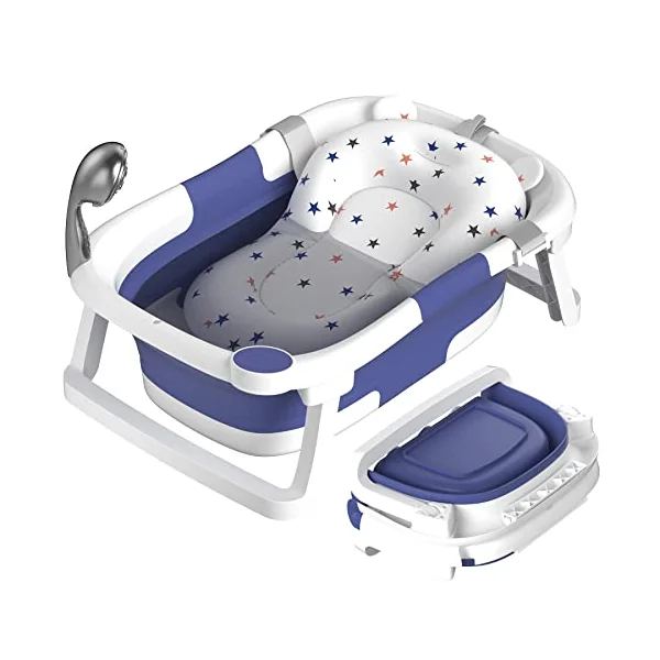 Baby Bath Tub Foldable,Portable Bath Newborn to Toddler with Non-Slip Mat,Drain Hole,No Thermometer,Blue