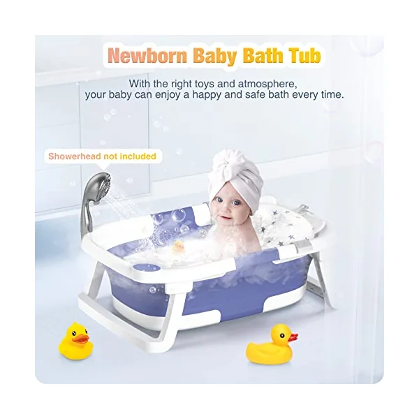 Baby Bath Tub Foldable,Portable Bath Newborn to Toddler with Non-Slip Mat,Drain Hole,No Thermometer,Blue
