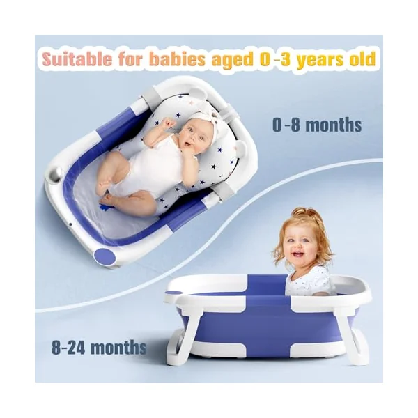 Baby Bath Tub Foldable,Portable Bath Newborn to Toddler with Non-Slip Mat,Drain Hole,No Thermometer,Blue