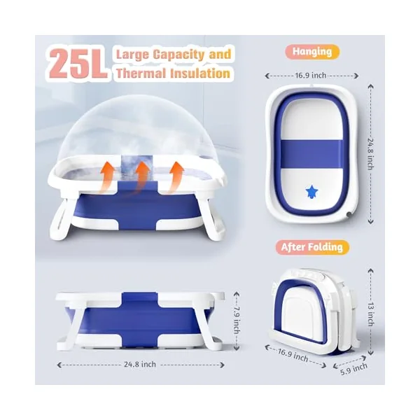 Baby Bath Tub Foldable,Portable Bath Newborn to Toddler with Non-Slip Mat,Drain Hole,No Thermometer,Blue