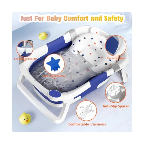 Baby Bath Tub Foldable,Portable Bath Newborn to Toddler with Non-Slip Mat,Drain Hole,No Thermometer,Blue