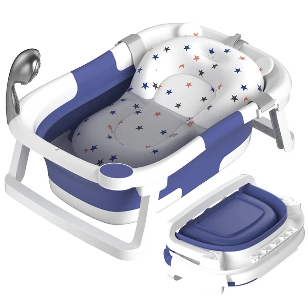 Baby Bath Tub Foldable,Portable Bath Newborn to Toddler with Non-Slip Mat,Drain Hole,No Thermometer,Blue