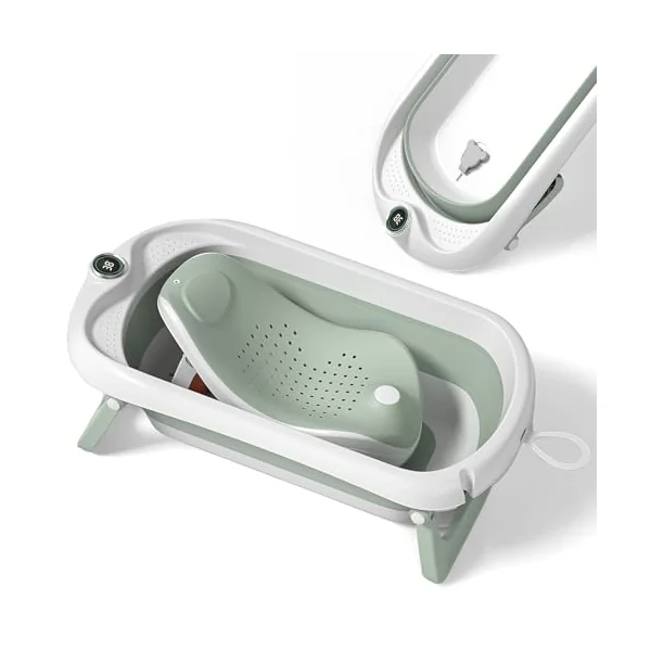 Baby Bath Tub with Non-Slip Bath Seat and Thermometer - Toddler Bath - Foldable Baby Bath - Newborn Bath - from Birth to 3 Years - Baby Bath Seat Up to 6 Months - Collapsible Baby Bath - Birth Gift