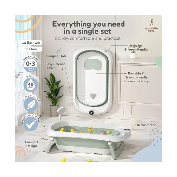 Baby Bath Tub with Non-Slip Bath Seat and Thermometer - Toddler Bath - Foldable Baby Bath - Newborn Bath - from Birth to 3 Years - Baby Bath Seat Up to 6 Months - Collapsible Baby Bath - Birth Gift