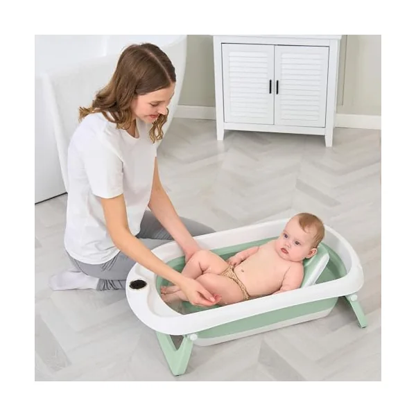 Baby Bath Tub with Non-Slip Bath Seat and Thermometer - Toddler Bath - Foldable Baby Bath - Newborn Bath - from Birth to 3 Years - Baby Bath Seat Up to 6 Months - Collapsible Baby Bath - Birth Gift