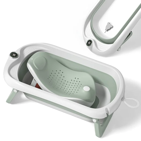 Baby Bath Tub with Non-Slip Bath Seat and Thermometer - Toddler Bath - Foldable Baby Bath - Newborn Bath - from Birth to 3 Years - Baby Bath Seat Up to 6 Months - Collapsible Baby Bath - Birth Gift