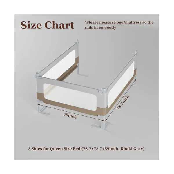 Baby Bed Rail Guard for Toddlers - 3 Sides, Double Child Lock, Safety Bed Rail for Toddlers, Infants - Height Adjustable Extra Tall Toddler Bed Rails for Queen Bed -3 Sides, 78.8x78.8x59Inch