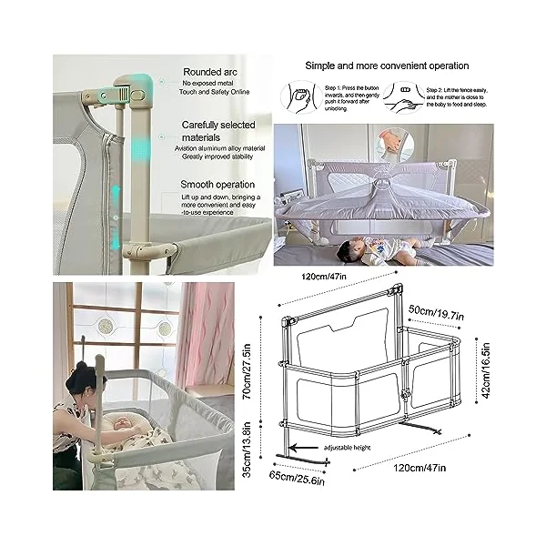 Baby Bedside Sleeper,120x50cm,Portable Crib,cosleeper for baby in bed,co sleeper bassinet attach to bed,baby bedside crib,One-key flip up the fence,baby bed with rails,Crib Stationary,bed in bed ( Col