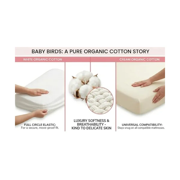 Baby Birds Fitted Organic Cotton Sheets for Prams, Cots, Cribs & Moses Baskets | Premium Soft Mattress Cover, Square & Round Corners | White & Cream (Cream, Cot Bed Sheet (140 * 70cm))