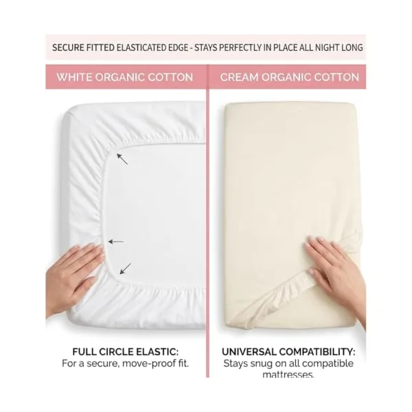 Baby Birds Fitted Organic Cotton Sheets for Prams, Cots, Cribs & Moses Baskets | Premium Soft Mattress Cover, Square & Round Corners | White & Cream (Cream, Cot Bed Sheet (140 * 70cm))