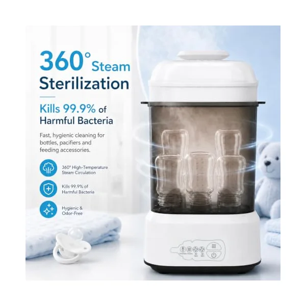 Baby Bottle Steriliser and Dryer, Auto Baby Bottle Steriliser, Electric Steam Steriliser for Baby Bottles, Breast Pump Accessories & Baby Stuff, Hold 5 Bottles and Pacifiers
