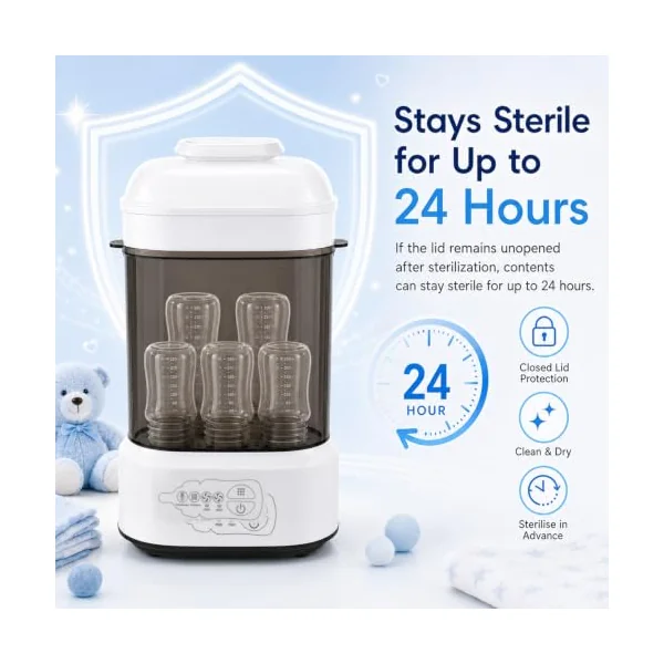 Baby Bottle Steriliser and Dryer, Auto Baby Bottle Steriliser, Electric Steam Steriliser for Baby Bottles, Breast Pump Accessories & Baby Stuff, Hold 5 Bottles and Pacifiers
